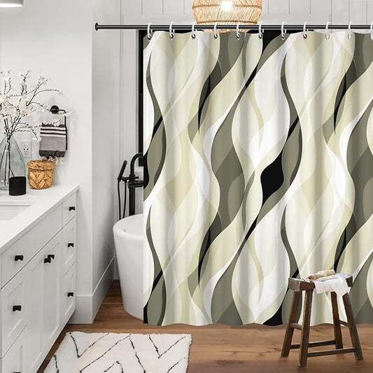 Light Green Shower Curtain, Modern Abstract Green and Grey Striped Shower Curtain Set for Bathroom Waterproof Shower Curtain with Hooks, 72x72 Inch