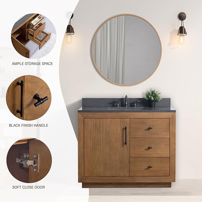 HOMEBEYOND 42" Bathroom Vanity with Single Sink & Ceramic Top, MDF Material Vanity Cabinet with Basin Combo, Soft-Closing Doors, Removable Shelf, Backsplash, Tan