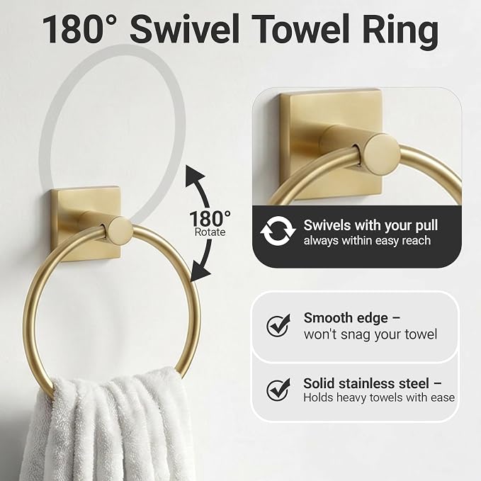 24-Inch Wall Mounted Towel Racks for Bathroom – Space Saver 4-Piece Durable Stainless Steel Bathroom Hardware Set with Towel Bar, Towel Ring, Toilet Paper Holder & Hook, Gold