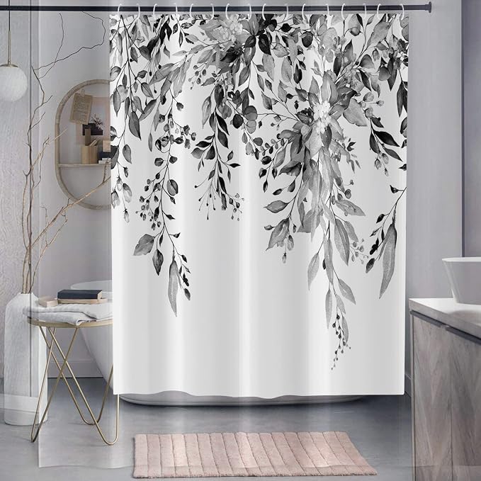 Eucalyptus Shower Curtain, Watercolor Black Leaves on The Top Plant with Floral Bathroom Curtain Bathtub Home Decor Waterproof Fabric Machine Washable with 12 Hooks