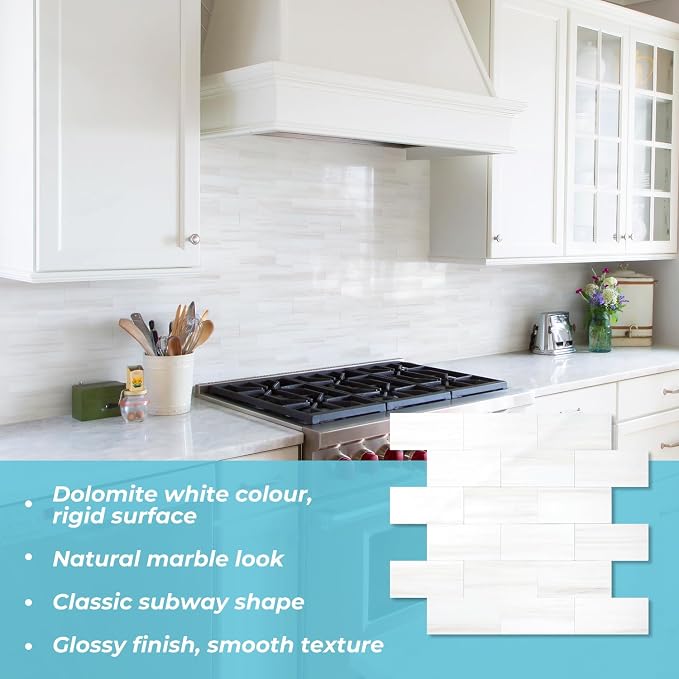 STICKGOO 10-Sheet Subway Tile Peel and Stick Wall Tiles, Seamless Design Polished Dolomite Kitchen Backsplash, PVC Stick on Tiles for Kitchen, Bathroom, RV, Fireplace