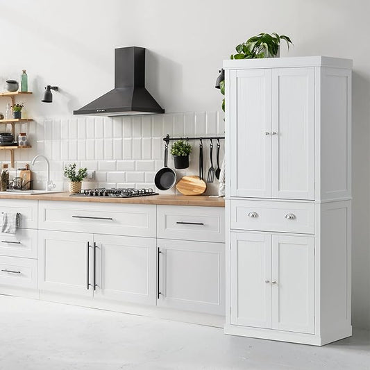 VEVOR 72" Tall Storage Cabinet with Doors, Drawer, 3 Adjustable Shelves, Utility Pantry for Kitchen, Living Room, Dining, Laundry, Pearl White