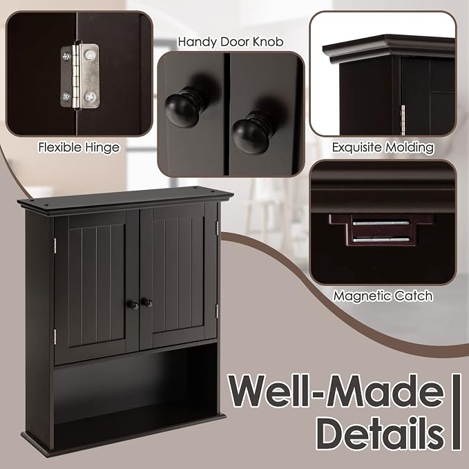 Tangkula Wall Mount Bathroom Cabinet Wooden Medicine Cabinet Storage Organizer with 2-Doors and 1-Shelf Cottage Collection Wall Cabinet (Espresso)