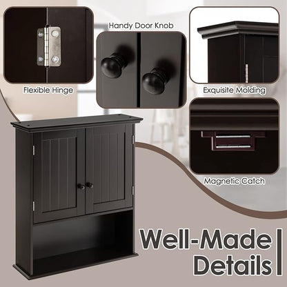 Tangkula Wall Mount Bathroom Cabinet Wooden Medicine Cabinet Storage Organizer with 2-Doors and 1-Shelf Cottage Collection Wall Cabinet (Espresso)