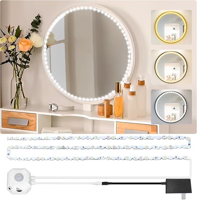 Daymeet Motion Sensor Led Vanity Mirror Lights, 13ft Motion Activated Led Lights for Mirror, Adjustable Color & Brightness Flexible Strip Lights for Mirror, for Makeup Vanity Table & Bathroom Mirror