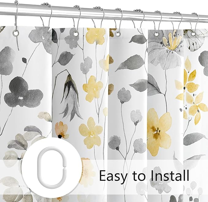 Small Stall Shower Curtain 36 x 72 Inch, Half Narrow Yellow Grey Floral Shower Curtain for Bathroom, Watercolor Flower Butterfly Fabric Shower Curtain Set with Hooks