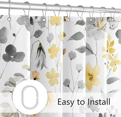 Small Stall Shower Curtain 36 x 72 Inch, Half Narrow Yellow Grey Floral Shower Curtain for Bathroom, Watercolor Flower Butterfly Fabric Shower Curtain Set with Hooks