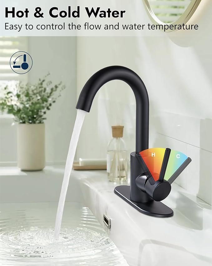 Midanya Single Hole Bathroom Faucet 1 Hole Bar Sink Faucet Suitable for Kitchen RV Vanity,304 Stainless Steel 360° Swivel Spout with Deck Plate and Pop-up Drain,Matte Black