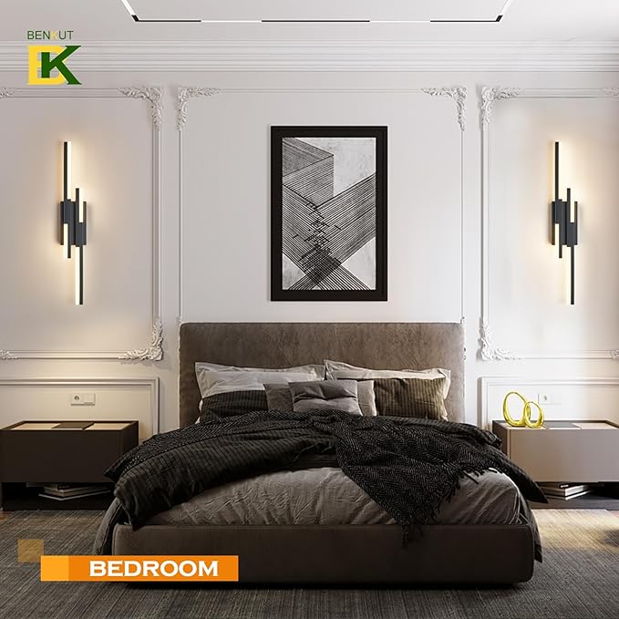Modern LED Vanity Lights Set of 2, Black Wall Sconce with Remote Control Dimmable Indoor Wall Light Bedside Remote Sconce for Bedroom Bathroom Living Dining Room (27.6inch 2 Pack)