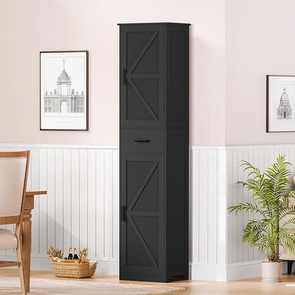 WEENFON Tall Bathroom Cabinet, Storage Cabinet with 6 Shelves & Drawer, Bathroom Storage Cabinet with Adjustable Shelves, Tall Cabinet for Living Room, Home Office, Black