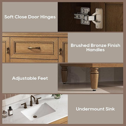 48 Inch Bathroom Vanity with Sink Combo, Classic Bathroom Cabinet with Countertop & Backsplash, Solid Wood Vanity with Soft Closing Doors & Dovetail Drawers, Ceramic Sink, Light Walnut