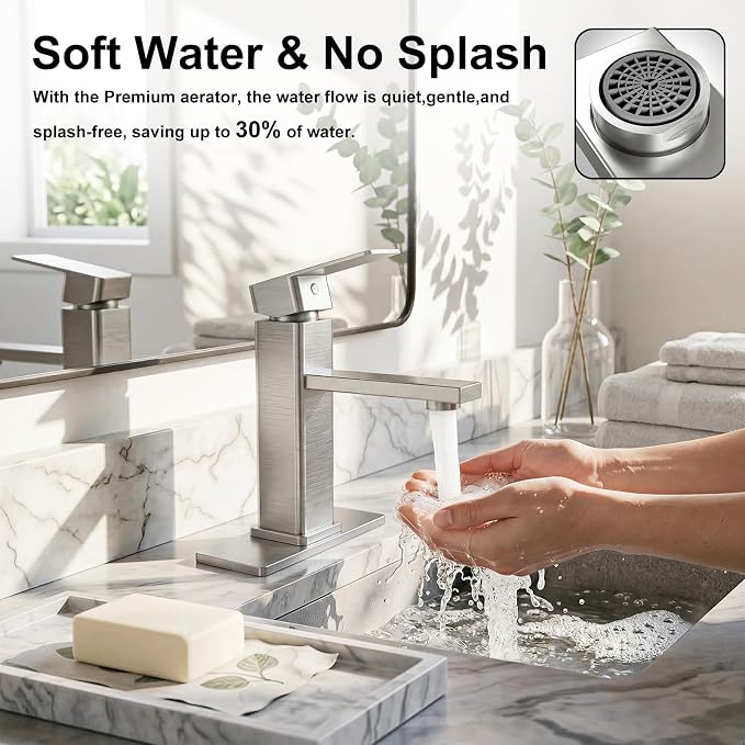 Jlorilaisa Brushed Nickel Bathroom Faucet Single Hole with Pop-Up Drain | Single Handle Bathroom Sink Faucet with Deck Plate, Suitable for RV, Farmhouse, Vanity Sinks, 1 or 3 Hole Installation