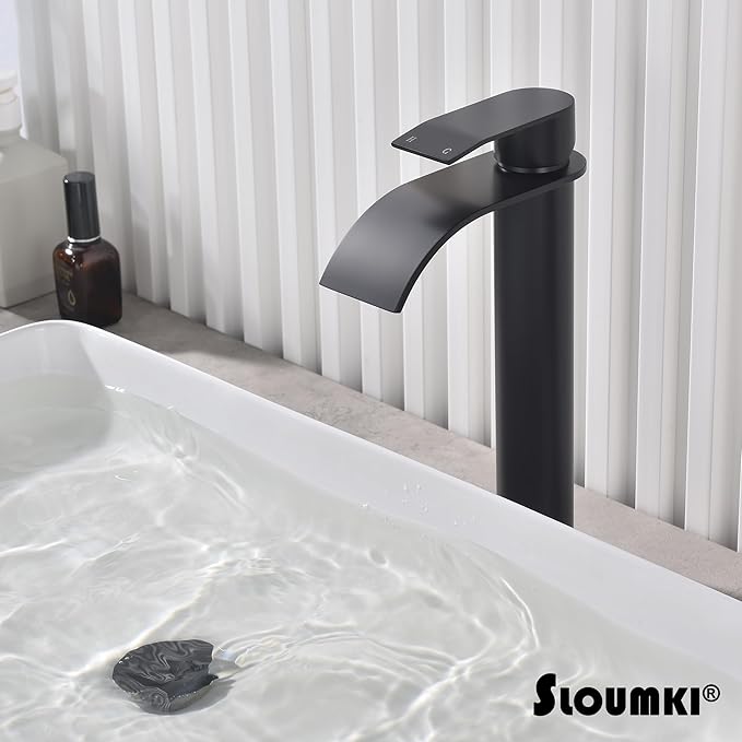 Matte Black Vessel Sink Faucet, High Bathroom Bowl Sink Faucet, Tall Waterfall Bathroom Faucet Single Handle with Hot and Cold Water Hose and Metal Drain