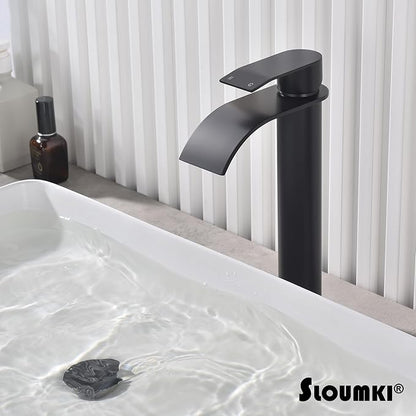 Matte Black Vessel Sink Faucet, High Bathroom Bowl Sink Faucet, Tall Waterfall Bathroom Faucet Single Handle with Hot and Cold Water Hose and Metal Drain