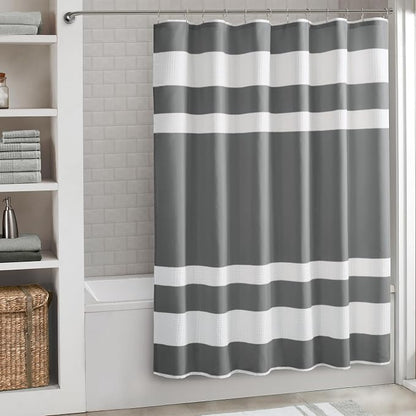 Madison Park Spa Waffle Weave Long Shower Curtain, 72 x 78, Charcoal | Striped, Pieced Fabric Design, 3M Scotchgard Moisture Management, Hotel Quality, Modern, for Bathroom, OEKO-TEX Certified
