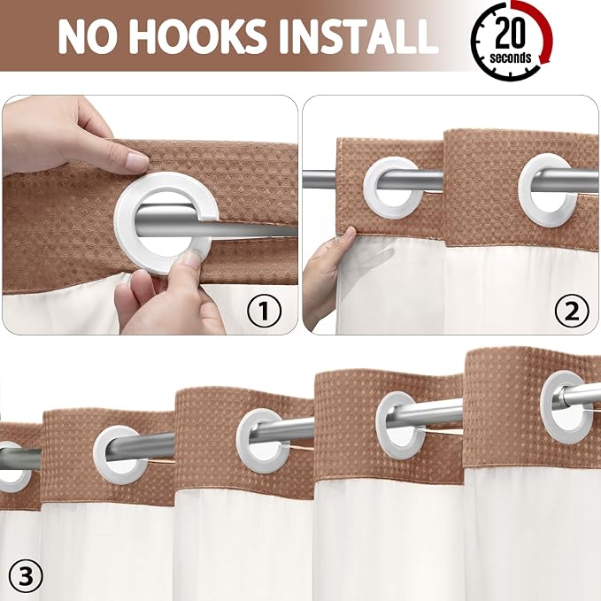 No Hook Shower Curtain and Liner Set,Mocha Brown Hotel Waffle Shower Curtain with Liner 75" L x 72" W