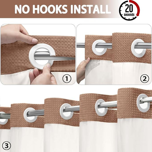 No Hook Shower Curtain with Liner Set Hotel Waffle Mocha Brown 72W X 75L | Washable Snap in Fabric Liner, Mesh Top Window, Waffle Hotel Style Shower Curtain Set