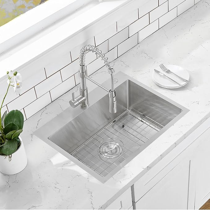 HOTIS 24 x 18 Inch Drop In Kitchen Sink, Overmount 304 Stainless Steel RV Laundry Utility Sink, Topmount Extra-thick 16 Gauge Brushed Nickel Single Bowl Sink with Dish Grid & Drain