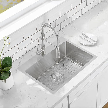 HOTIS 24 x 18 Inch Drop In Kitchen Sink, Overmount 304 Stainless Steel RV Laundry Utility Sink, Topmount Extra-thick 16 Gauge Brushed Nickel Single Bowl Sink with Dish Grid & Drain
