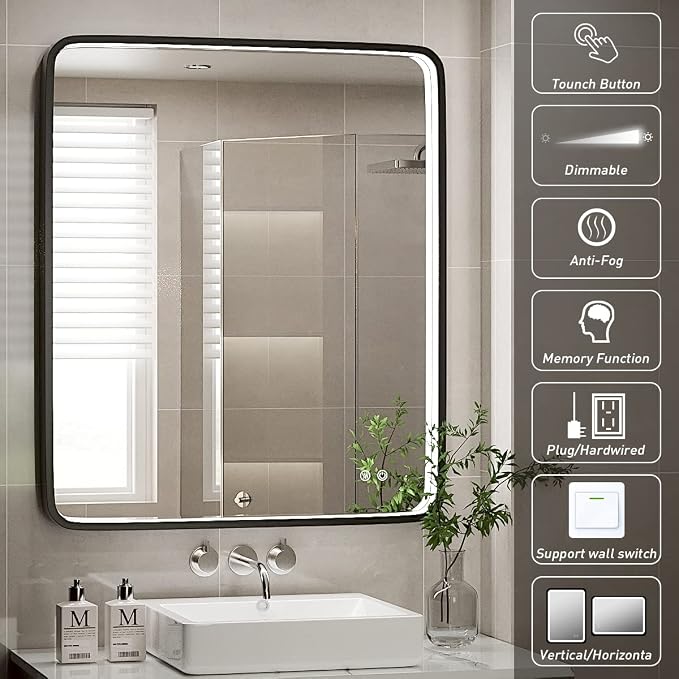 30X36 Inch LED Lighted Bathroom Mirror,Black Frame,3 Color | Lighted Vanity Mirror, Large Wall Mounted Makeup Mirror, 6000K, Dimmable Anti-Fog