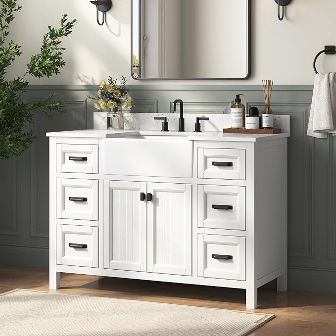 48 Inch White Bathroom Vanity with Sink, Farmhouse Bathroom Sink Cabinet with Soft Closing Doors & Dovetail Drawers, Single Apron Farm Sink, No Assembly Required
