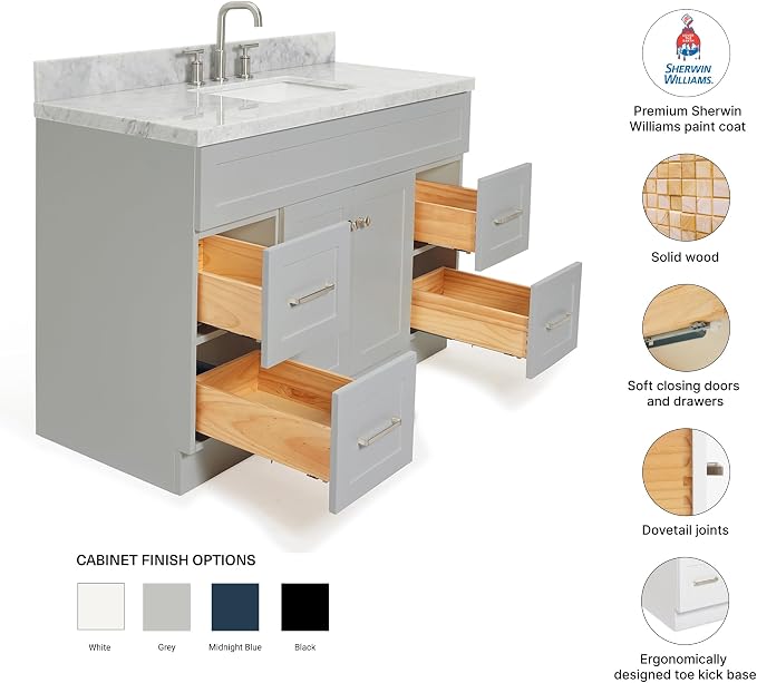 Bradford 48-Inch Bathroom Vanity with Sink — Grey Single Sink Bathroom Vanity, 1.5" Edge Italian Carrara Marble Top, Solid Wood, 2 Soft-Close Doors, 4 Full Extension Dovetail Drawers