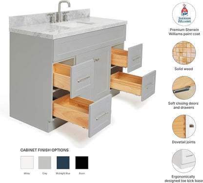 Bradford 48-Inch Bathroom Vanity with Sink — Grey Single Sink Bathroom Vanity, 1.5" Edge Italian Carrara Marble Top, Solid Wood, 2 Soft-Close Doors, 4 Full Extension Dovetail Drawers