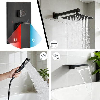 Midanya Shower System with Tub Spout,12 Inch Shower Head,Oil Rubbed Bronze | with Valve & Trim Kit,Square Rain Head,Handheld Sprayer,Waterfall Spout,All Metal Wall Mount Bathroom Shower Tub Faucet Set