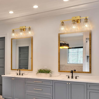 Mecgirn Stainless Steel Bathroom Vanity Light Over Mirror, 3 Light Brushed Gold Bathroom Light Fixtures with Textured Glass Shades, Modern Vanity Lighting Wall Mount
