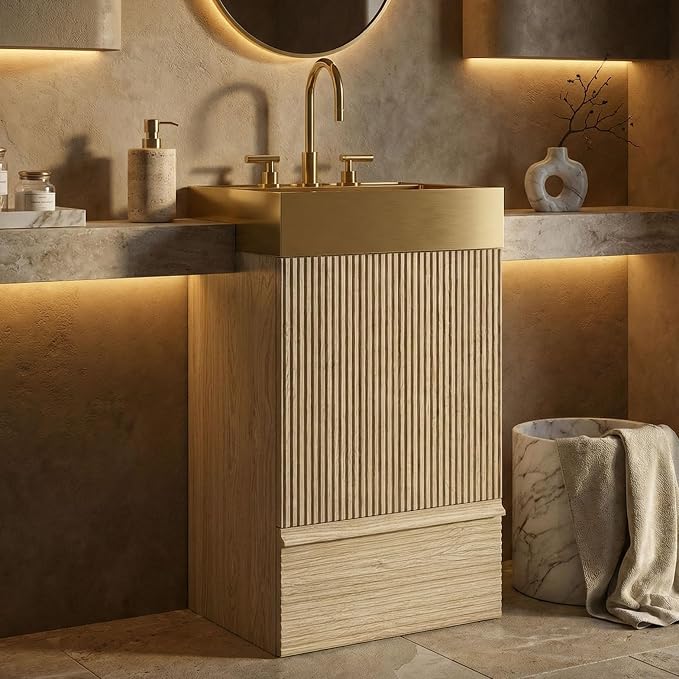20 inch Bathroom Vanity with Golden Metal Sink, Bath Storage Cabinet with Soft-Closing Door and Drawer, Perfect for Small Space, Powder Room, Hotel, Light Oak