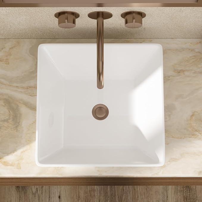 16x16 Inch White Rectangle Vessel Bathroom Sink | Ceramic, Above Counter, Rectangular Shape, Easy to Clean, Recommended Installation, Ideal for Bathroom, Lavatory, Vanity