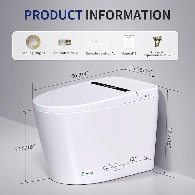 DeerValley Smart Toilet with Bidet Built in - Powerful Auto Flush, Auto Open/Close Lid, Heated Seat & Instant Warm Water Bidet, LED Display, Deodorization, 12" Rough-In, DV-1S0159-V3