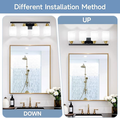 4-Light Vanity Light for Bathroom,Black and Gold Bathroom Light 24" | Bathroom Light Fixture with Square Frosted Glass, Wall Sconces fixtures Over Mirror Sink Restroom,Living Room Hallway