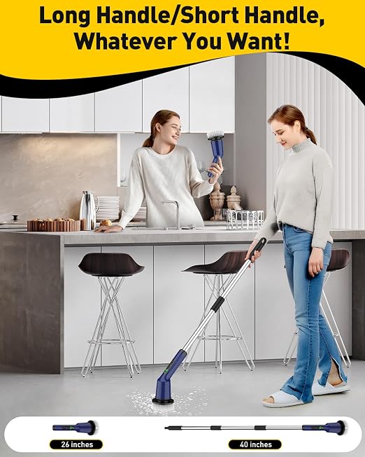 Electric Spin Scrubber for Bathroom, Shower Scrubber with Long Handle | Shower Cleaner Brushes, IPX7 Waterproof & 2 Speed, 8 Brush Heads, 90min Runtime, Bathroom Cleaning Supplies for Toilet Tub