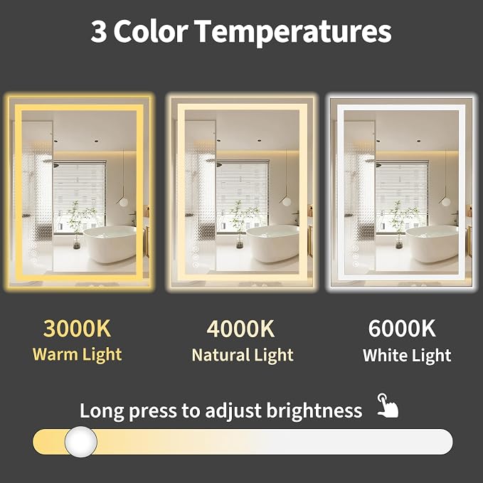 Koonmi 28x20 LED Bathroom Mirror, Shatterproof Mirror with Light | 90CRI Vanity Mirror with Anti-fog Backlit + Front Lit, 3 Color, Easy Install for Bathroom Hotel (IP65)