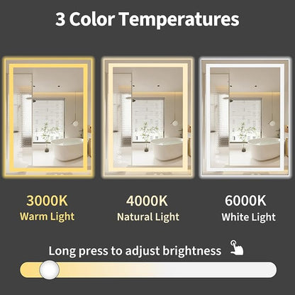Koonmi 28x20 LED Bathroom Mirror, Shatterproof Mirror with Light | 90CRI Vanity Mirror with Anti-fog Backlit + Front Lit, 3 Color, Easy Install for Bathroom Hotel (IP65)