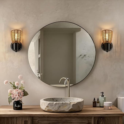 EJIAXIN Boho Rattan Wall Sconces Set of 2 - Vanity Lights for Bathroom Farmhouse Wall Light Fixtures with Rotary Switch - Black Indoor Wall Mount Lighting Rustic Lamp for Bedroom Living Room Hallway