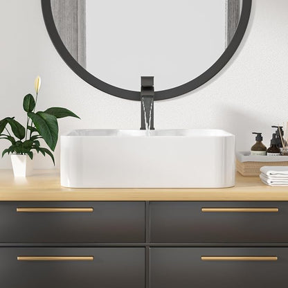 19"x15" Rectangle Bathroom Vessel Sink with Faucet Combo Porcelain Ceramic White Vanity Sink Above Counter Modern Sink with Faucet Hole for Lavatory, Hotel Art Basin, Home Washing Basin