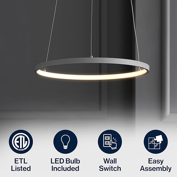 JONATHAN Y 15.75" Gray Modern Integrated LED Pendant Light, Dimmable Round Hoop Chandelier for Kitchen Island, Dining Room, Adjustable Height Metal Hanging Light (JYL7202E)