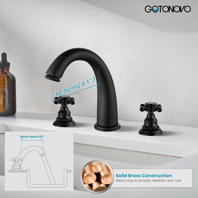 gotonovo Widespread Bathroom Sink Faucet 3 Hole Matte Black,No Label | Vintage 8’’ Bathroom Faucet,2 Cross Handle,6-16’’ Sink,Vanity,RV,Farmhouse,SUS304,24’’ cUPC Hose,Pop Up Drain,Deck Mount