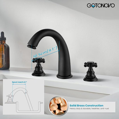 gotonovo Widespread Bathroom Sink Faucet 3 Hole Matte Black,No Label | Vintage 8’’ Bathroom Faucet,2 Cross Handle,6-16’’ Sink,Vanity,RV,Farmhouse,SUS304,24’’ cUPC Hose,Pop Up Drain,Deck Mount