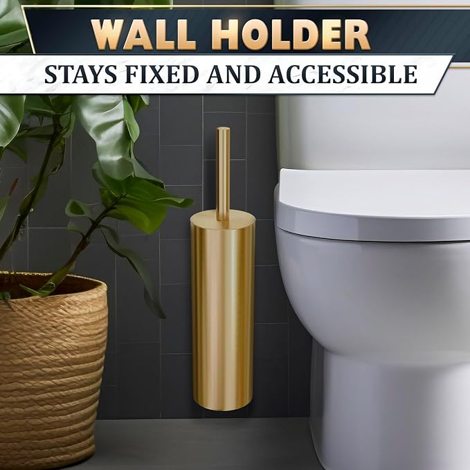 Gold Toilet Brush and Holder Set, Stainless Steel (Wall Mounted) | Toilet Brush with Holder Set, Splash Protection & Dense Bristles for Bathroom Cleaning, Strong Vacuum Suction and Holder