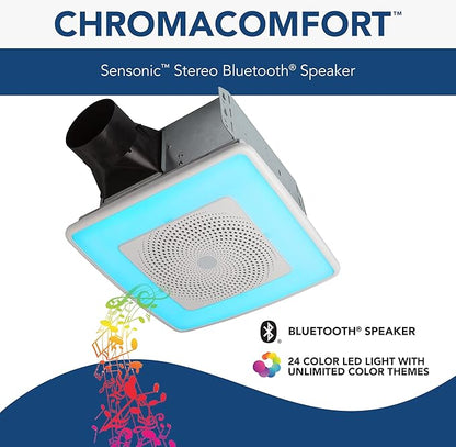 Broan-NuTone SPK110RGBL ChromaComfort Bathroom Exhaust Fan with Sensonic Bluetooth Speaker and LED Light, White & WVK2A Flexible Wall Ducting Kit for Ventilation Fans, 4-Inch