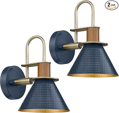 Rustic Wall Sconces Set of Two, HWH Indoor Wall Sconce 1-Light Barn Vanity Light, Hammered Barn Wall Lamp for Bathroom Bedroom Kitchen, Hammered Metal Shade, Navy Blue Finish, 5HZG74B-2L BL+BG