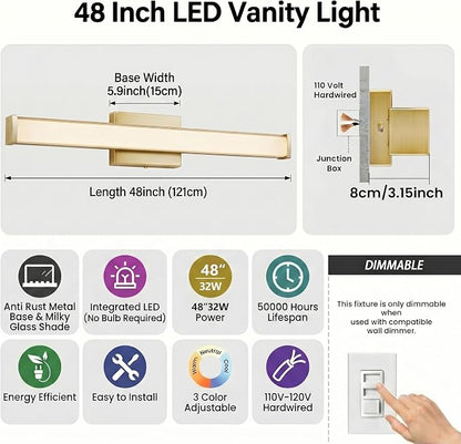 URSOLA 48" Modern LED Bathroom Light Fixtures, Golden 3CCT Dimmable Bathroom Vanity Light Over Mirror, Bathroom Vanity Bath Bar Lights with Double Layer Acrylic Shade