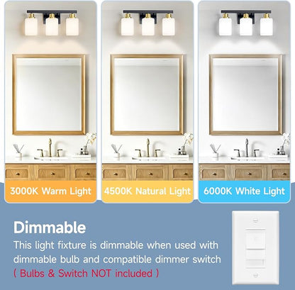 Black and Gold Vanity Light,3-Light Bathroom Light Fixtures,17" | Modern Bathroom Light Fixtures with Square Frosted Glass,Wall Sconces Lighting fixtures Over Mirror Restroom, Living Room