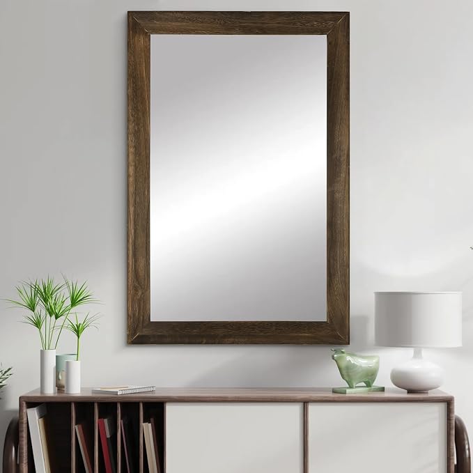 Rustic Wood Wall Mirror for Bathroom,Rectangle 24 x 36 inch Mirrors, Brown | Vanity Hanging Mirror with Wooden Frame for Living Room,Bedroom,Entryway (24x36 inch, Vintage Light Brown)