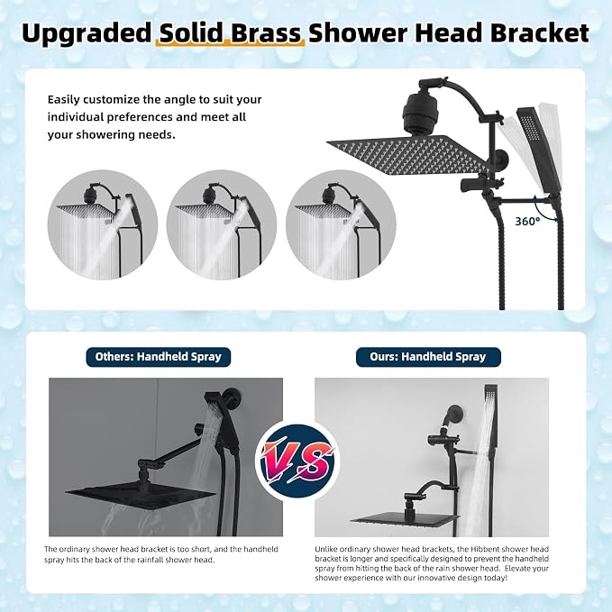 Hibbent All Metal 12'' Filtered Rainfall Shower Head with Handheld Combo, High Pressure Shower Wand, 16'' Adjustable Extension Arm, 20 Stage Shower Filter, 71'' Hose, Shower Holder, Matte Black