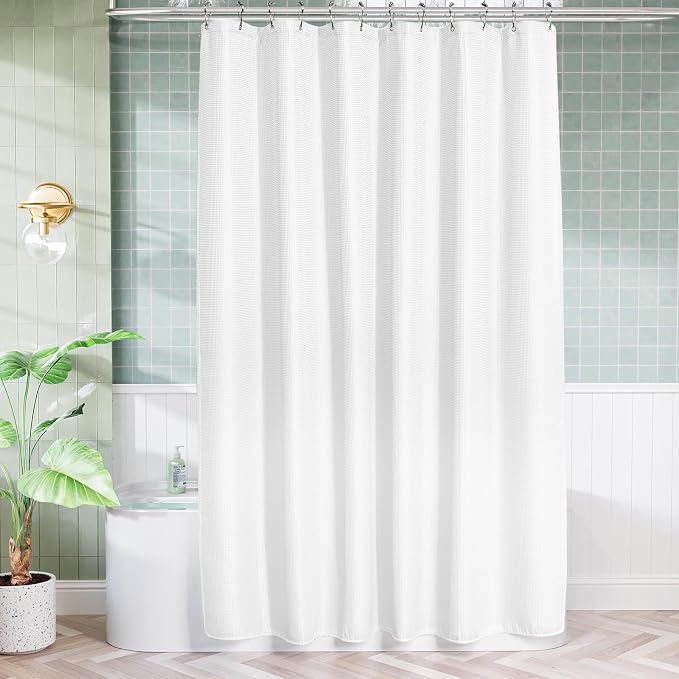 AmazerBath Extra Long Shower Curtain 90 Inches Long, White Shower Curtain Extra Tall 72x90 Inches, Fabric Shower Curtains for Bathroom, Heavy Duty 240G Waffle Textured, Rustproof Metal Grommets