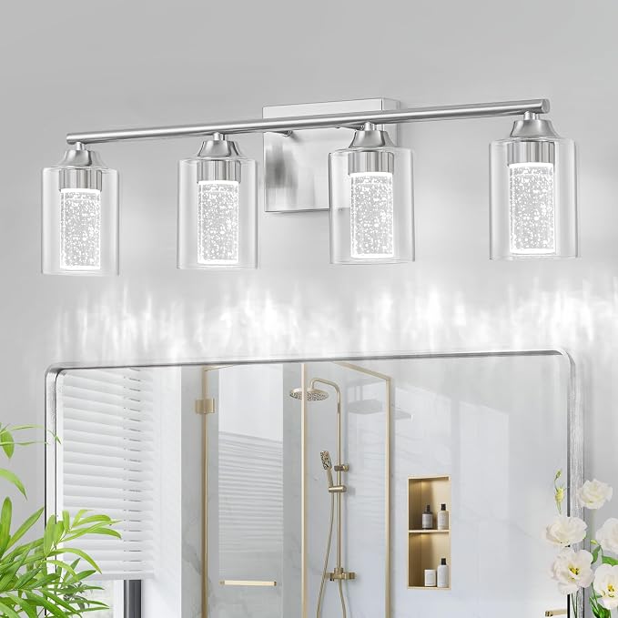 4-Light Brushed Nickel Bathroom Vanity Light with 3 Color Modes (3000K/4000K/6000K), Dimmable Modern Wall Light Over Mirror with Clear Glass Shade